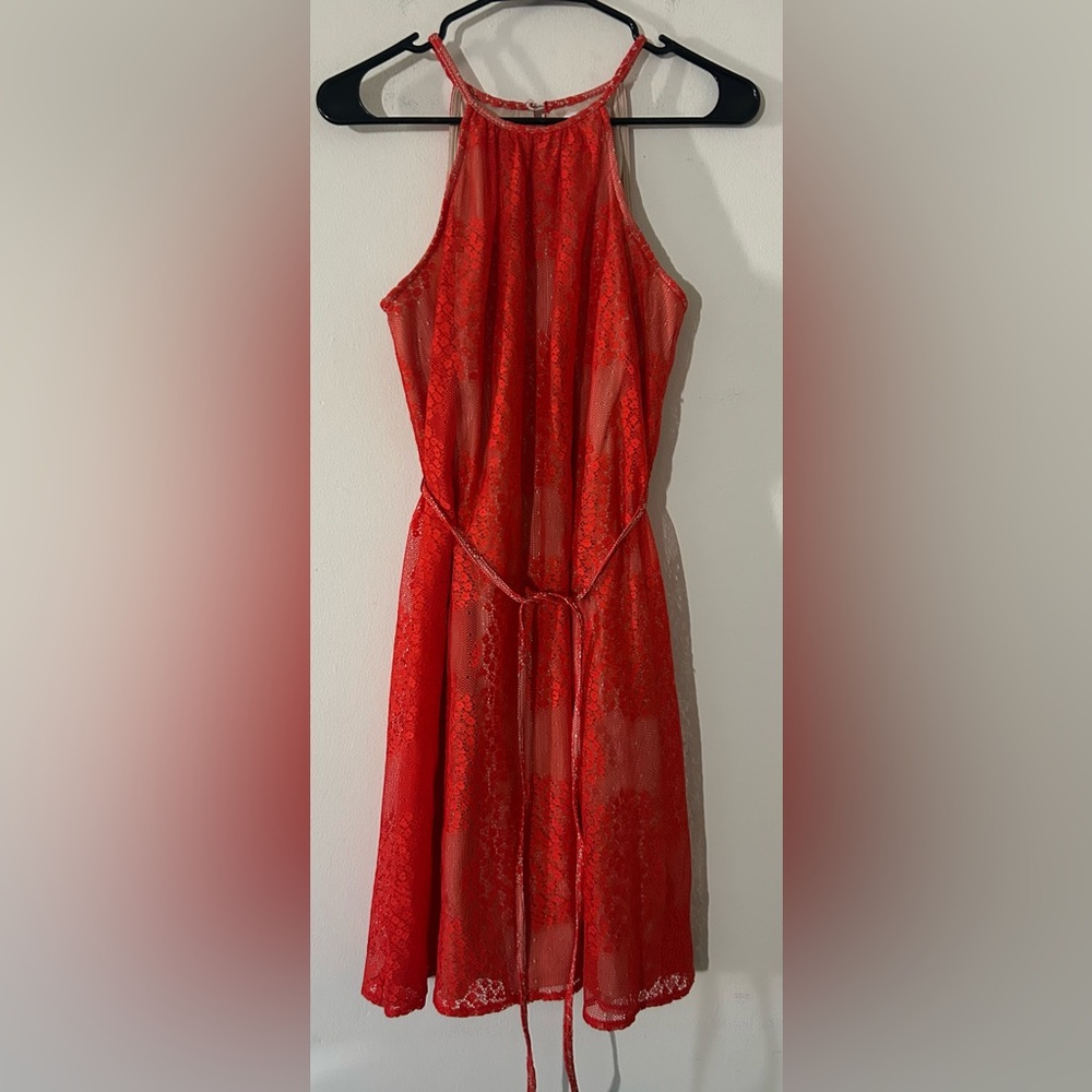 New York & Company Orange Belted Lace Dress